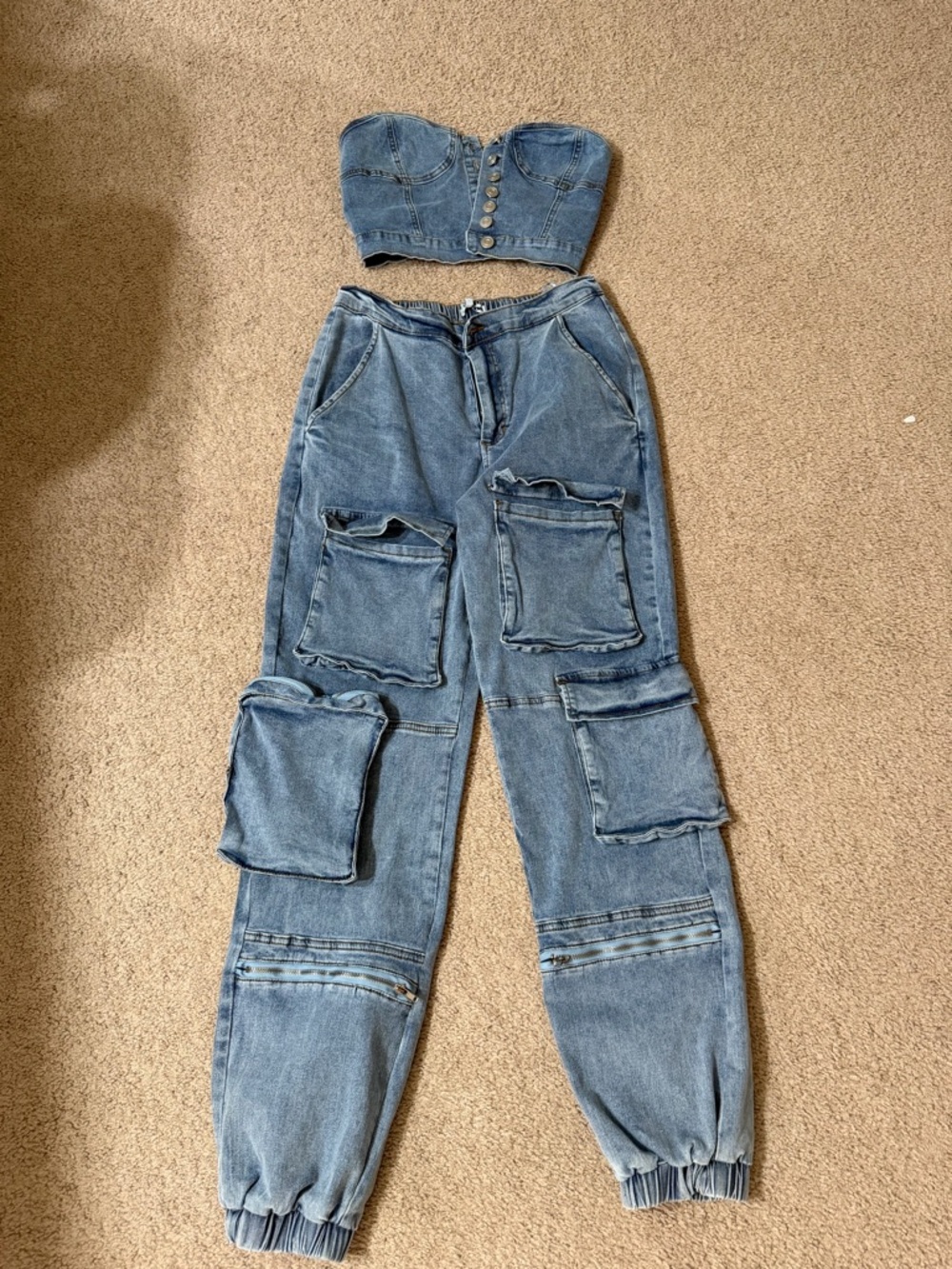 High-Rise Blue Denim Boyfriend Cargo Jeans + crop top